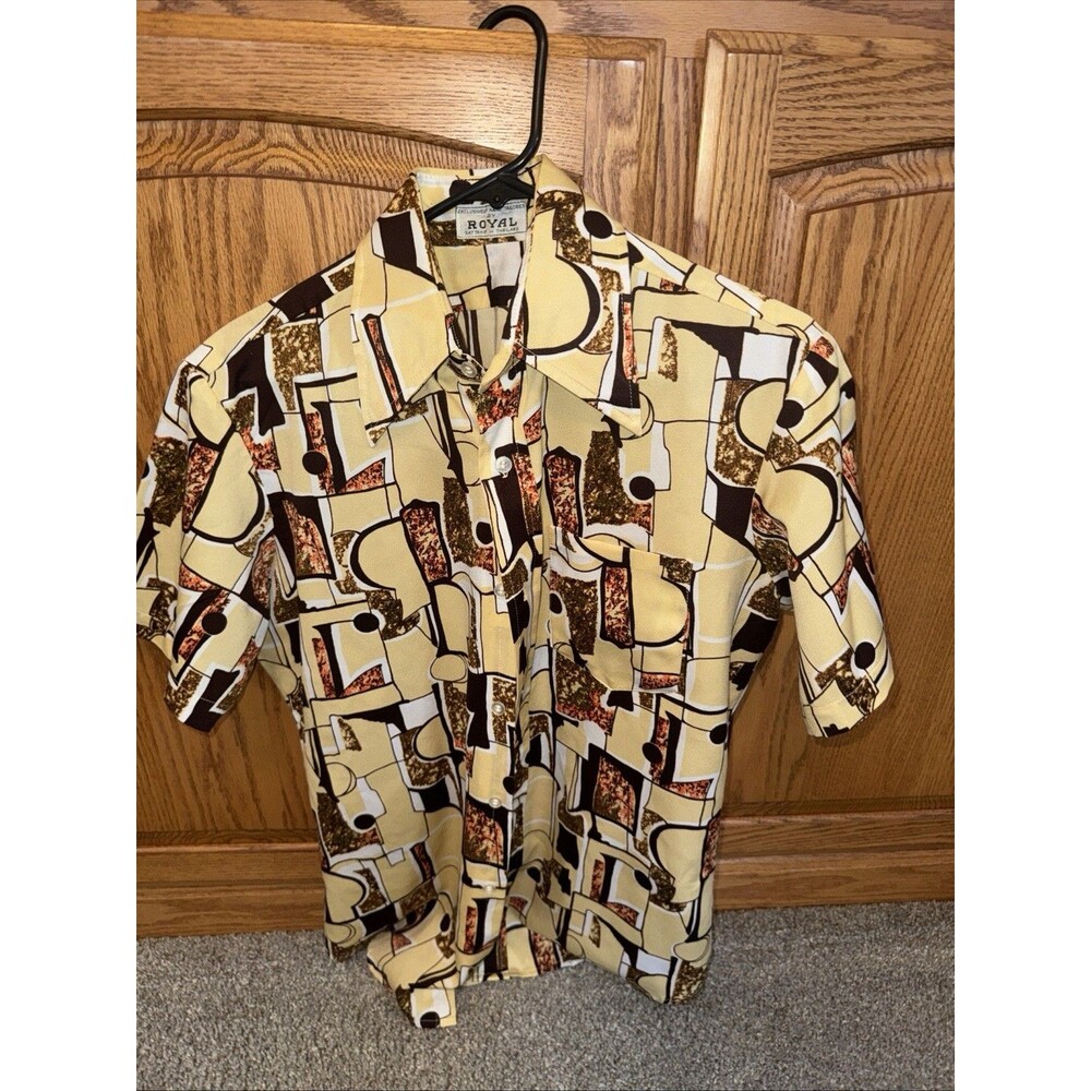Vtg 60s 70s Disco Shirt Leisure Polyester Geometric Mad Men MCM Club Mens Lg